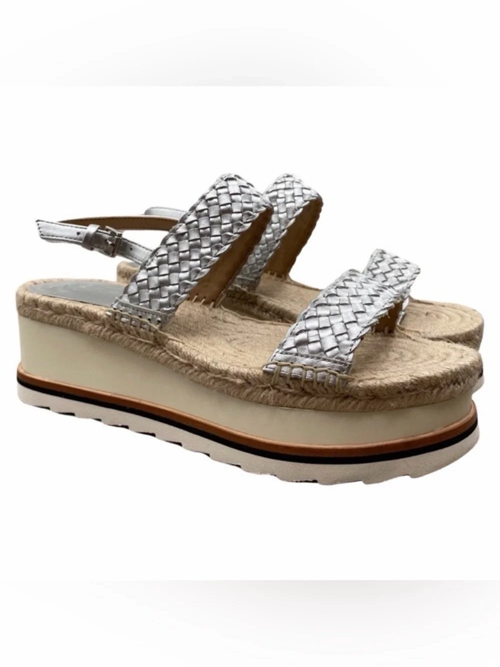 Marc Fisher Espadrille Platform Silver & Tan Sandals Size 9.5